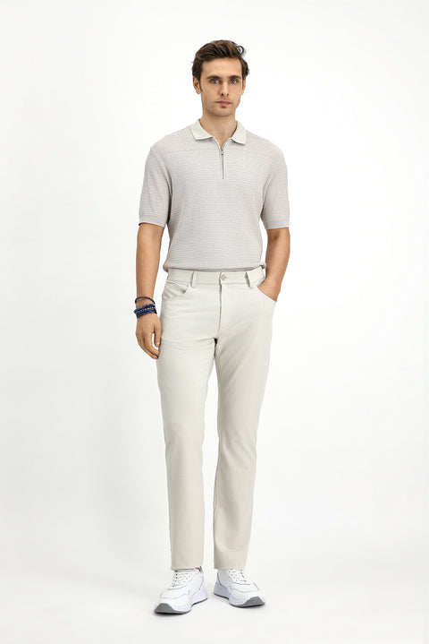Ecru Slim Fit Patterned Stretch Canvas / Chino Trousers