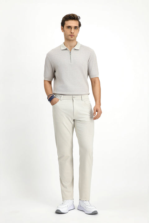 Ecru Slim Fit Patterned Stretch Canvas / Chino Trousers