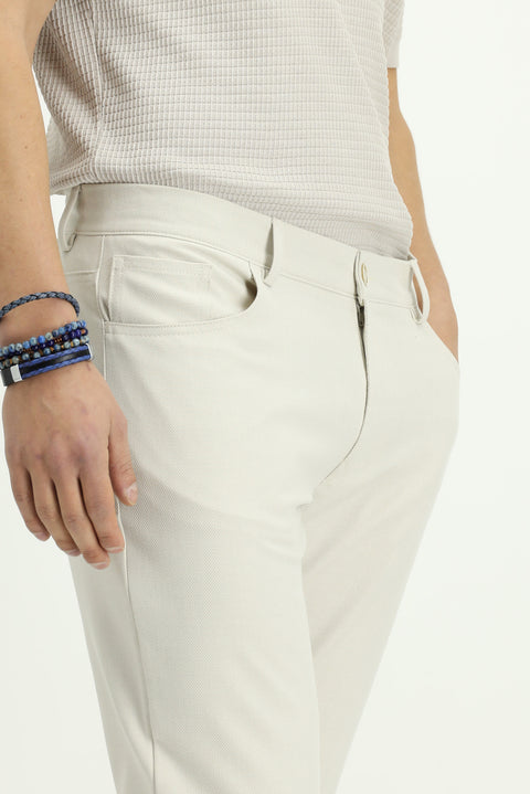 Ecru Slim Fit Patterned Stretch Canvas / Chino Trousers