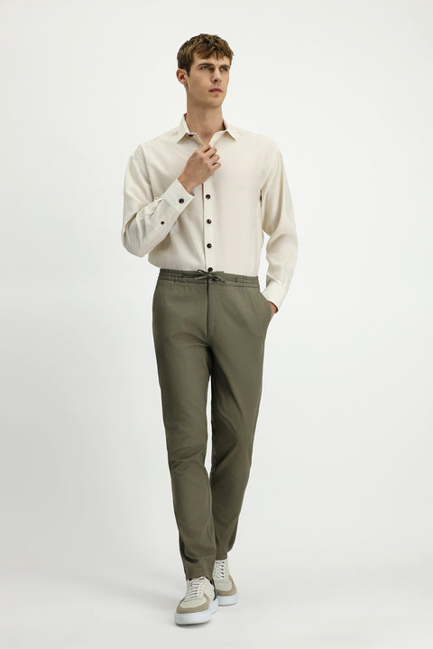 Light Khaki Slim Fit Skinny Cut Lycra Elasticated Waist Drawstring Jogger Pants
