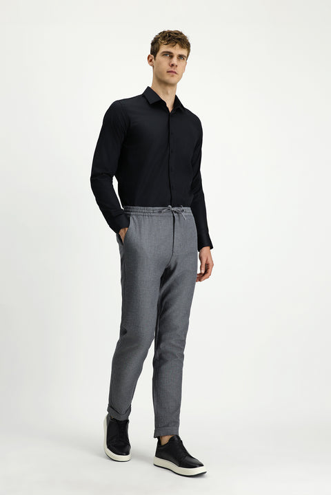 Orta Füme 7 Drop Slim Fit Dar Kesim Desenli Beli Lastikli İpli Likralı Jogger Pantolon