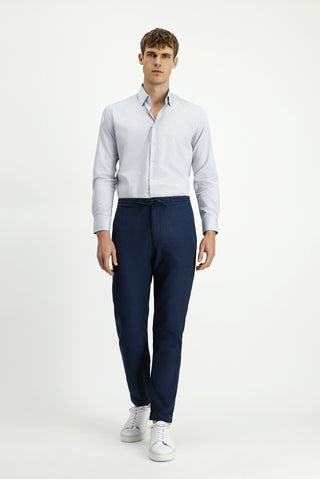  Koyu Lacivert Slim Fit Dar Kesim Desenli Beli Lastikli İpli Likralı Pantolon