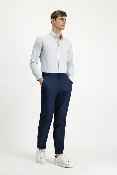  Koyu Lacivert Slim Fit Dar Kesim Desenli Beli Lastikli İpli Likralı Pantolon