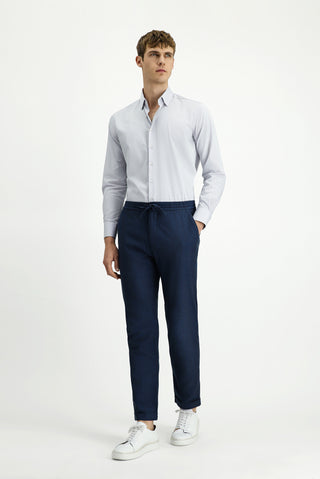  Koyu Lacivert Slim Fit Dar Kesim Desenli Beli Lastikli İpli Likralı Pantolon