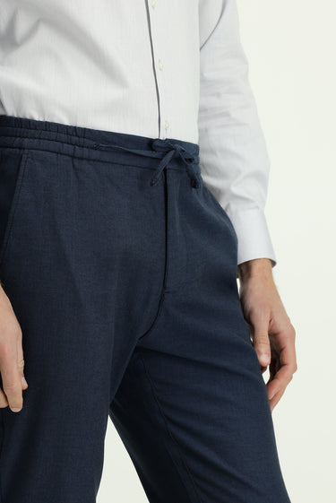 Koyu Lacivert Slim Fit Dar Kesim Desenli Beli Lastikli İpli Likralı Pantolon