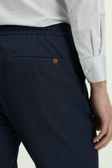 Koyu Lacivert Slim Fit Dar Kesim Desenli Beli Lastikli İpli Likralı Pantolon