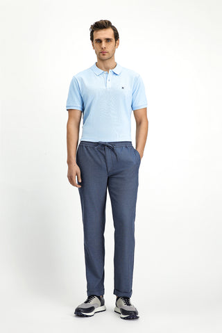  Koyu Mavi  Slim Fit Dar Kesim Desenli Beli Lastikli İpli Likralı Pantolon