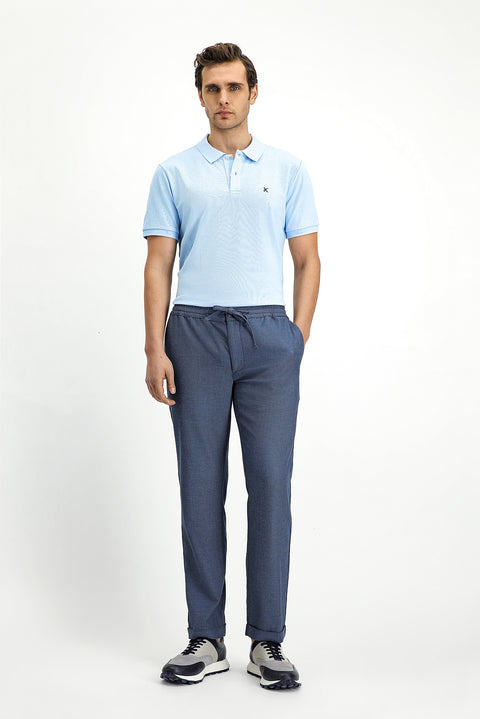 Koyu Mavi  7 Drop Slim Fit Dar Kesim Desenli Beli Lastikli İpli Likralı Jogger Pantolon