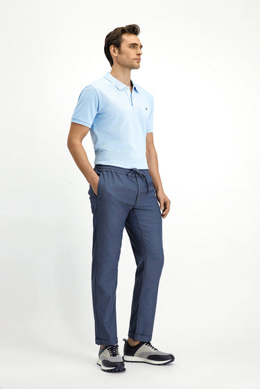  Koyu Mavi  Slim Fit Dar Kesim Desenli Beli Lastikli İpli Likralı Pantolon