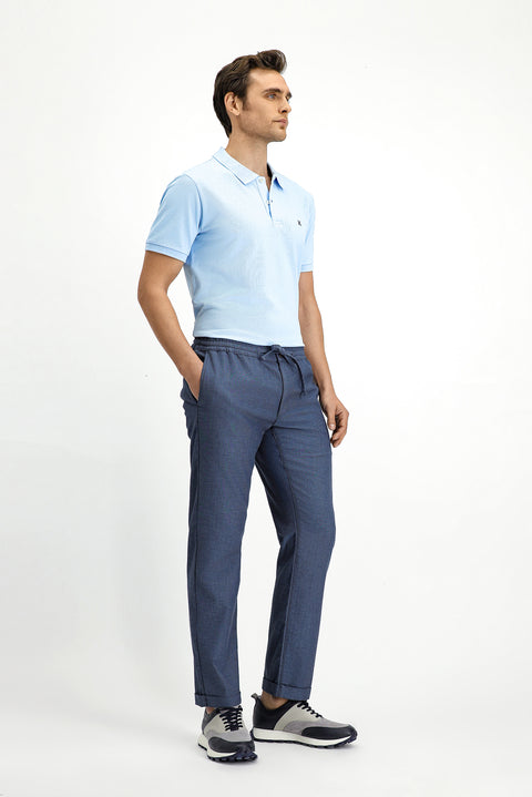 Koyu Mavi  7 Drop Slim Fit Dar Kesim Desenli Beli Lastikli İpli Likralı Jogger Pantolon