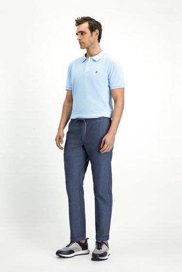  Koyu Mavi  Slim Fit Dar Kesim Desenli Beli Lastikli İpli Likralı Pantolon