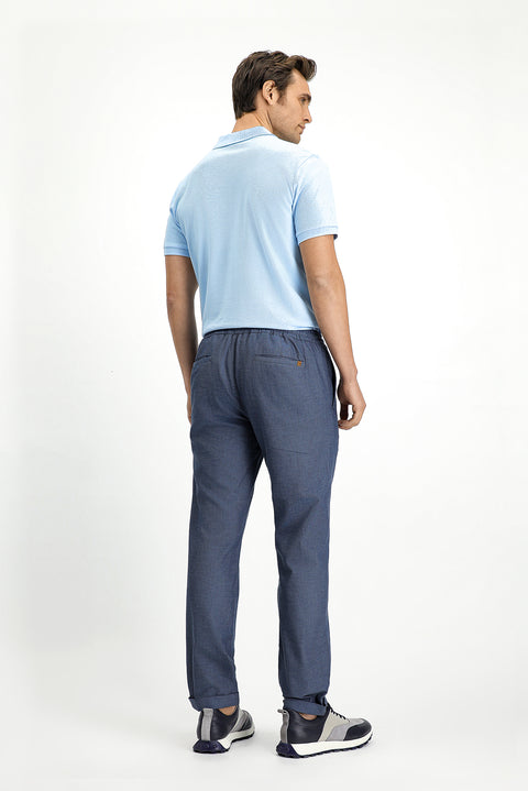 Koyu Mavi  7 Drop Slim Fit Dar Kesim Desenli Beli Lastikli İpli Likralı Jogger Pantolon