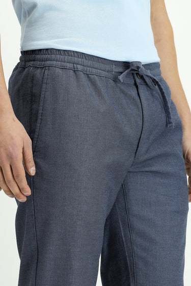 Koyu Mavi  Slim Fit Dar Kesim Desenli Beli Lastikli İpli Likralı Pantolon