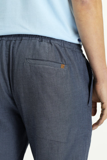 Koyu Mavi  Slim Fit Dar Kesim Desenli Beli Lastikli İpli Likralı Pantolon