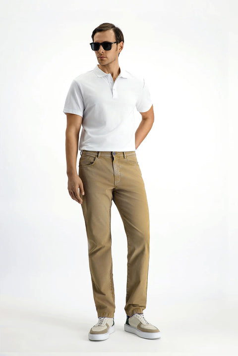 Mid-Beige Regular Fit Standard Cut Stretch Canvas / Chino Trousers