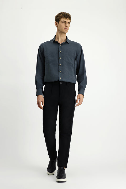 Siyah Slim Fit Dar Kesim Beli Lastikli Lyocell Kanvas / Chino Pantolon