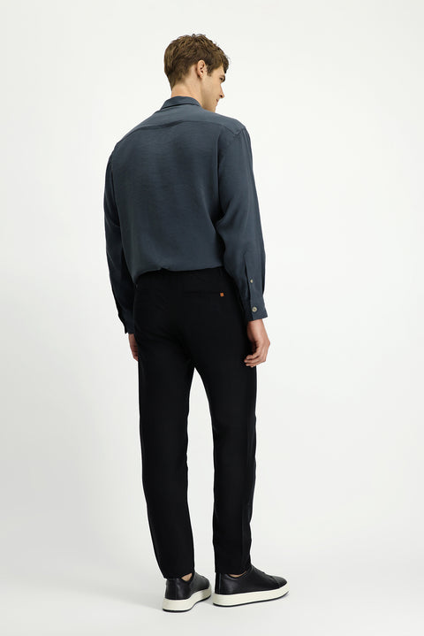 Siyah Slim Fit Dar Kesim Beli Lastikli Lyocell Kanvas / Chino Pantolon