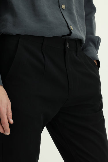 Siyah Slim Fit Dar Kesim Beli Lastikli Lyocell Kanvas / Chino Pantolon