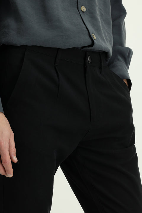 Siyah Slim Fit Dar Kesim Beli Lastikli Lyocell Kanvas / Chino Pantolon