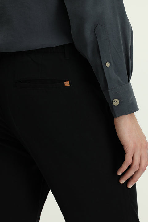 Siyah 7 Drop Slim Fit Dar Kesim Beli Lastikli Lyocell Kanvas / Chino Pantolon