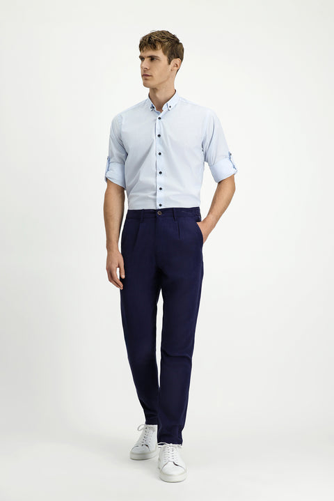 Orta Lacivert Slim Fit Dar Kesim Beli Lastikli Lyocell Kanvas / Chino Pantolon