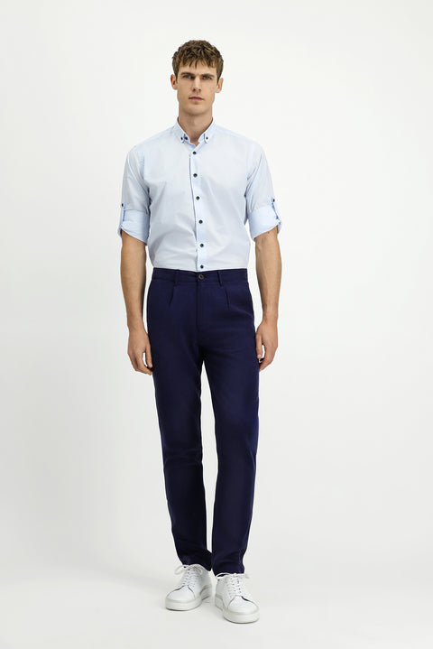 Orta Lacivert Slim Fit Dar Kesim Beli Lastikli Lyocell Kanvas / Chino Pantolon