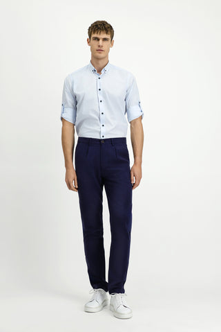  Orta Lacivert 7 Drop Slim Fit Dar Kesim Beli Lastikli Lyocell Kanvas / Chino Pantolon-Ki??l?