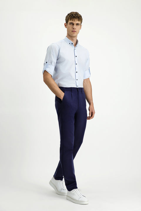 Orta Lacivert Slim Fit Dar Kesim Beli Lastikli Lyocell Kanvas / Chino Pantolon