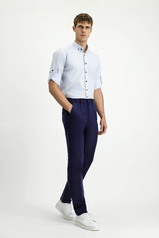  Orta Lacivert 7 Drop Slim Fit Dar Kesim Beli Lastikli Lyocell Kanvas / Chino Pantolon-Ki??l?