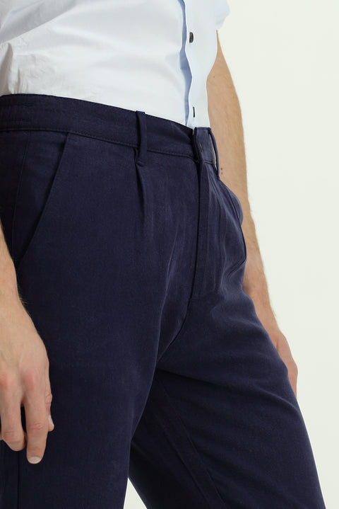 Orta Lacivert Slim Fit Dar Kesim Beli Lastikli Lyocell Kanvas / Chino Pantolon