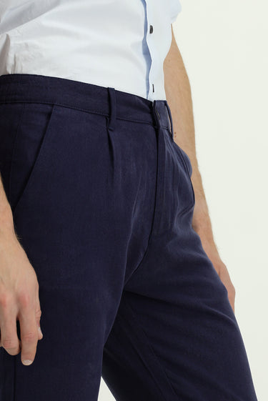 Orta Lacivert Slim Fit Dar Kesim Beli Lastikli Lyocell Kanvas / Chino Pantolon