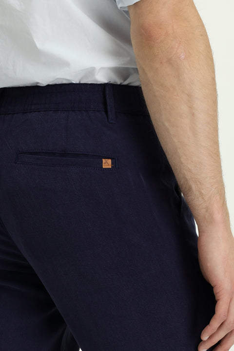 Orta Lacivert 7 Drop Slim Fit Dar Kesim Beli Lastikli Lyocell Kanvas / Chino Pantolon