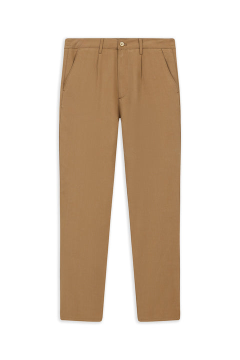 Tan Slim Fit Narrow Cut Elastic Waist Lyocell Canvas / Chino Pants