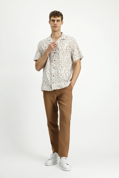 Tan Slim Fit Narrow Cut Elastic Waist Lyocell Canvas / Chino Pants
