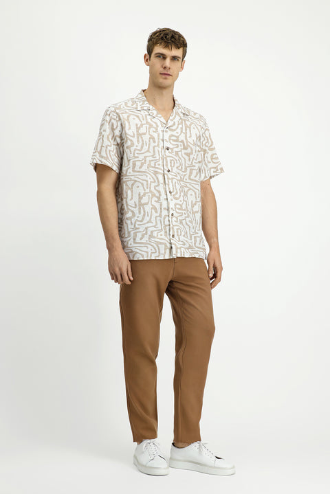 Tan Slim Fit Narrow Cut Elastic Waist Lyocell Canvas / Chino Pants