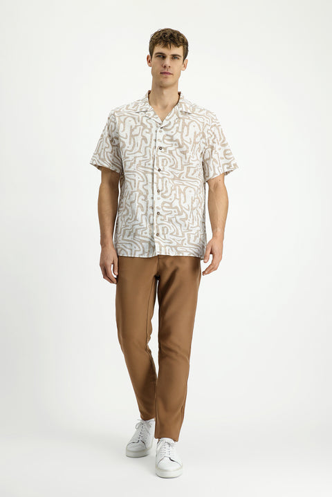 Tan Slim Fit Narrow Cut Elastic Waist Lyocell Canvas / Chino Pants