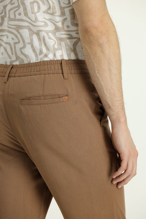 Tan Slim Fit Narrow Cut Elastic Waist Lyocell Canvas / Chino Pants