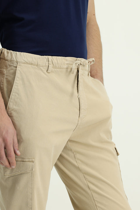 Açık Bej Regular Fit Standart Kesim Likralı Beli Lastikli İpli Lyocell Karışımlı Kargo Cepli Jogger Pantolon