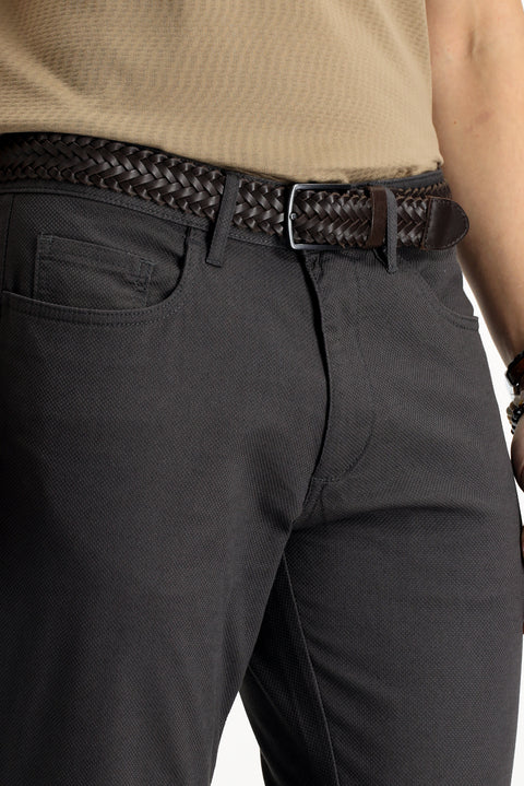 Mid Grey Regular Fit Standard Cut Lycra Patterned Canvas / Chino Trousers