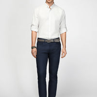 Mid-Navy Regular Fit Standard Cut Stretchy Patterned Canvas / Chino Trousers