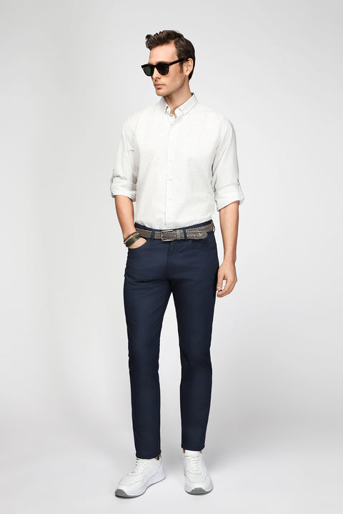 Mid-Navy Regular Fit Standard Cut Stretchy Patterned Canvas / Chino Trousers