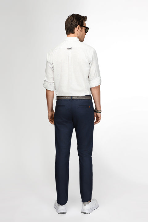 Mid-Navy Regular Fit Standard Cut Stretchy Patterned Canvas / Chino Trousers
