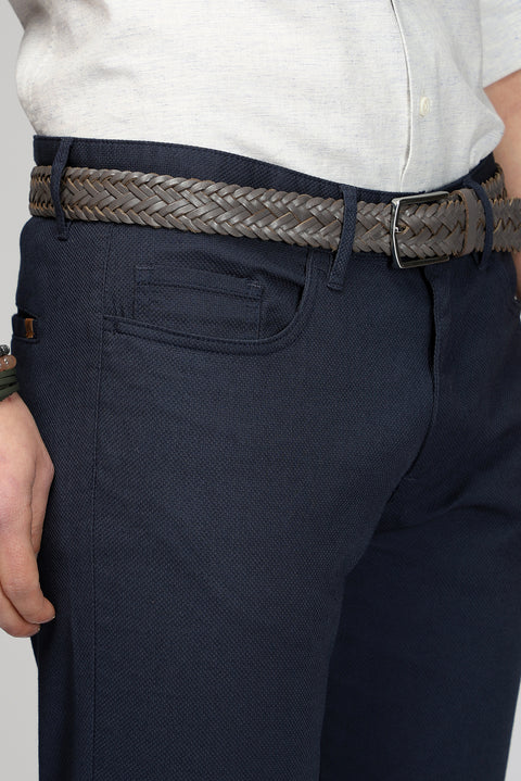 Orta Lacivert Slim Fit Dar Kesim Likralı Desenli Kanvas / Chino Pantolon