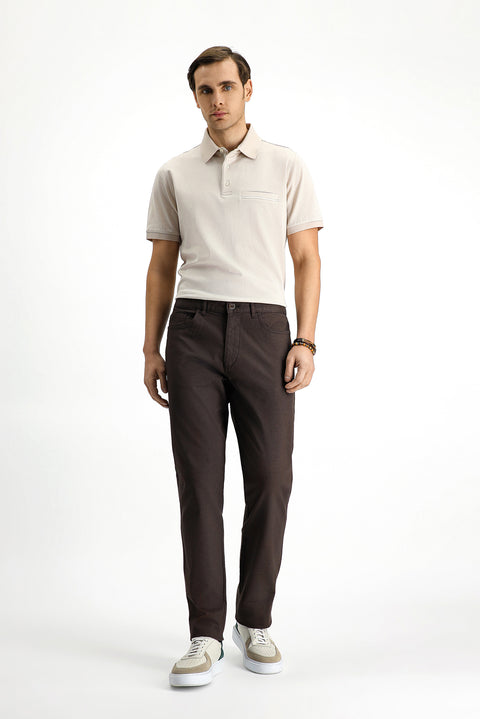 Medium Brown Slim Fit Stretchy Patterned Canvas / Chino Trousers