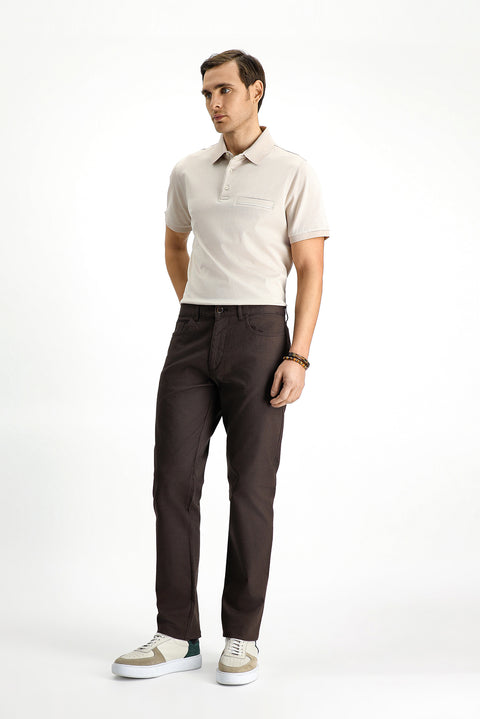 Medium Brown Regular Fit Standard Cut Lycra Patterned Canvas / Chino Trousers