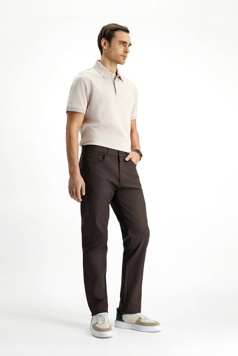 Orta Kahve Slim Fit Dar Kesim Likralı Desenli Kanvas / Chino Pantolon