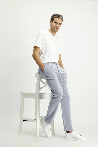  Lacivert-Beyaz Regular Fit Likralı Çizgili Pileli Kanvas / Chino Pantolon