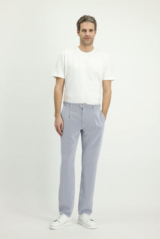  Lacivert-Beyaz Regular Fit Likralı Çizgili Pileli Kanvas / Chino Pantolon