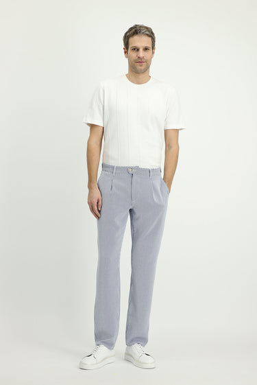  Lacivert-Beyaz Regular Fit Likralı Çizgili Pileli Kanvas / Chino Pantolon