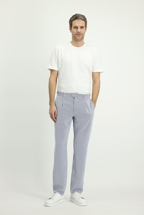 Lacivert-Beyaz 6 Drop Regular Fit Standart Kesim Likralı Çizgili Pileli Kanvas / Chino Pantolon